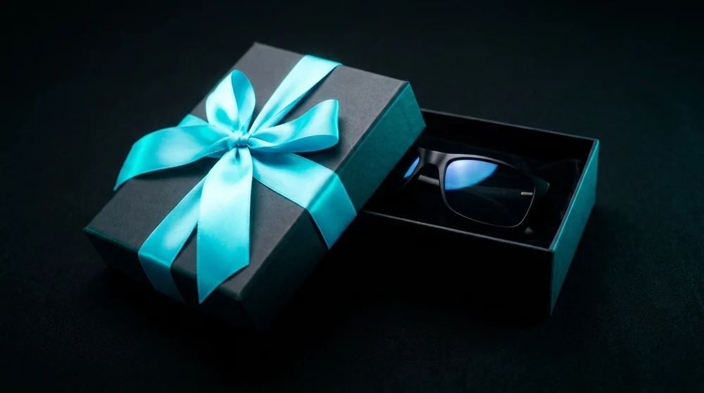Caja de regalo con estuche de lentes sobre fondo oscuro